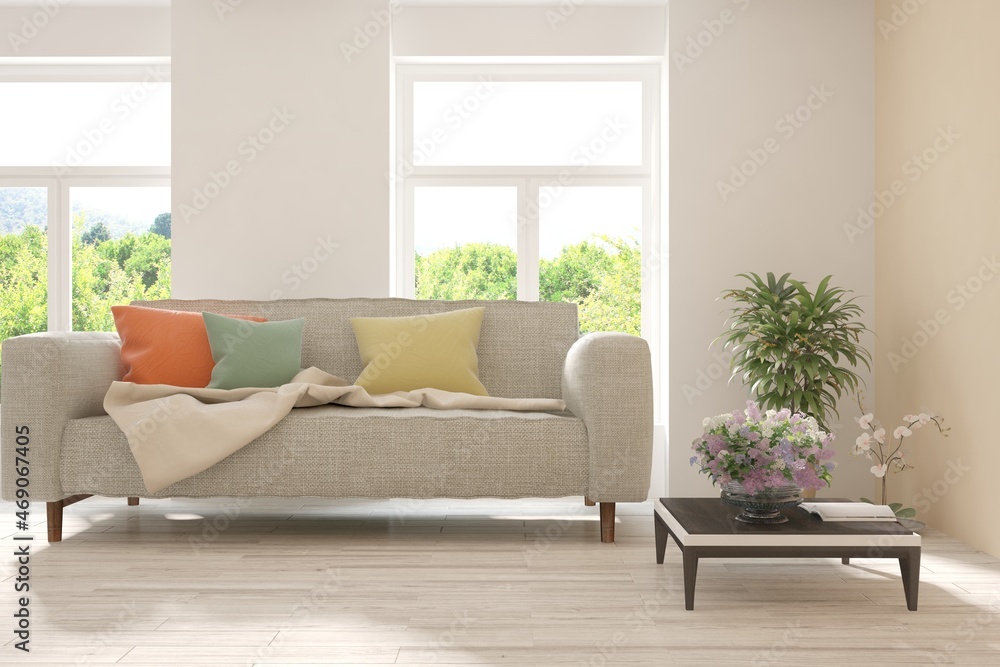 White living room with sofa and summer landscape in window. Scandinavian interior design. 3D illustration White living room with sofa and summer landscape in window. Scandinavian interior design. 3D illustration