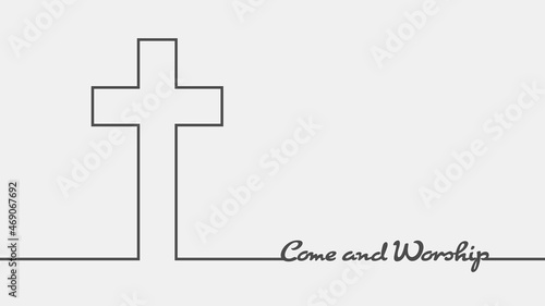 Cross and come and worship text in thin lines style