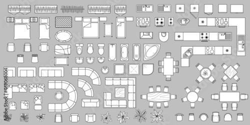 Furniture outline top view. Set of isolated linear icons for interior. Vector Illustration. Furniture and elements for apartments, living room, bedroom, kitchen, bathroom. Bed, sofa, table. Floor plan photo