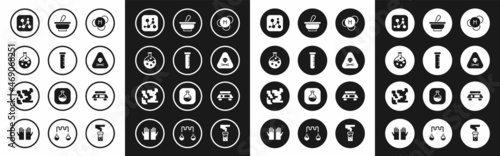 Set Molecule, Test tube and flask, Chemical formula, Triangle warning toxic, Mortar pestle, Electronic scales and Gaseous icon. Vector