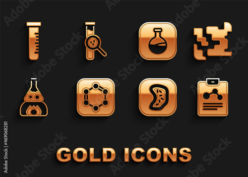 Set Formula of benzene rings, Gaseous, Chemistry report, Bacteria, Test tube flask on fire, and, and icon. Vector