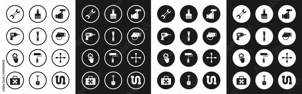 Set Hammer, Putty knife, Electric drill machine, Wrench spanner, circular saw, Paint brush, Wheel wrench and Settings the hand icon. Vector