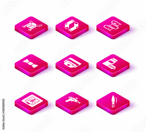 Set Insects in a frame, Ray gun, Bow tie, Waist bag of banana, Fountain pen nib, Burger, Book and Socks icon. Vector