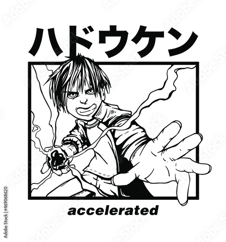manga character design with slogan japanese wording translation is hadouken