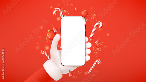 Merry Christmas and Happy New Year banner. Vector illustration with  Christmas composition. Hand of Santa Claus holds smartphone and shows blank screen. Happy New Year card with mobile device.