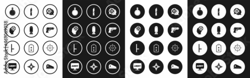 Set Target sport, Aviation bomb, Canteen water bottle, Pistol gun, Military knife, and Police rubber baton icon. Vector