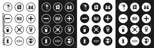 Set Rubber gloves, Test tube with water drop, Industry metallic pipe, Shower, Washer, Pressure meter and Bucket icon. Vector