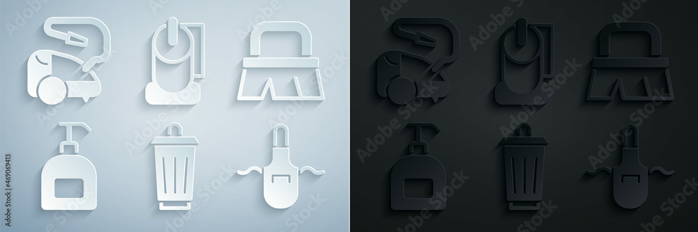 Set Trash can, Brush for cleaning, Bottle of liquid soap, Kitchen apron, Toilet paper roll and Vacuum cleaner icon. Vector Set Trash can, Brush for cleaning, Bottle of liquid soap, Kitchen apron, Toilet paper roll and Vacuum cleaner icon. Vector