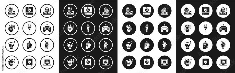 Set Error in robot, Electric plug, Robot burned out, humanoid driving a car, Remote control, and Smart glasses icon. Vector Set Error in robot, Electric plug, Robot burned out, humanoid driving a car, Remote control, and Smart glasses icon. Vector