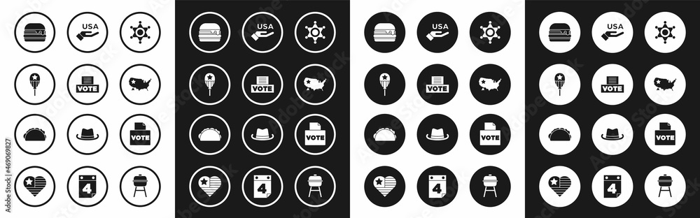Set Hexagram sheriff, Vote box, Balloons, Burger, USA map, Independence day, and Taco with tortilla icon. Vector Set Hexagram sheriff, Vote box, Balloons, Burger, USA map, Independence day, and Taco with tortilla icon. Vector