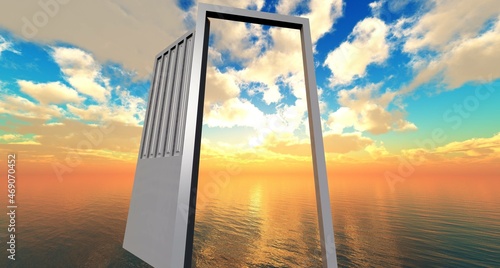Doors to paradise, beautiful sea sunset, 3D rendering