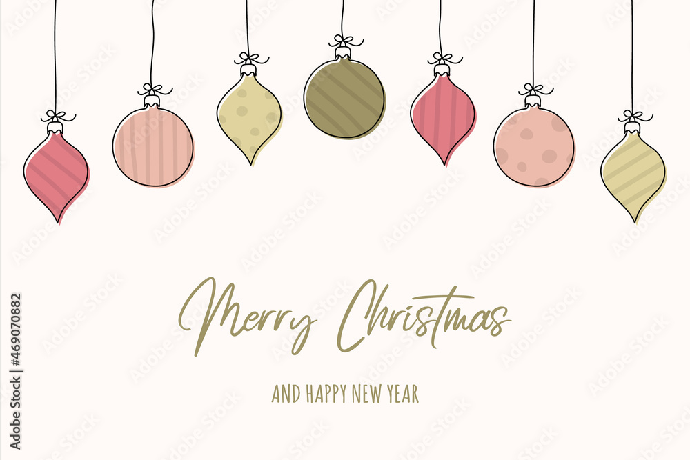 Christmas greeting card with hanging balls. Vector