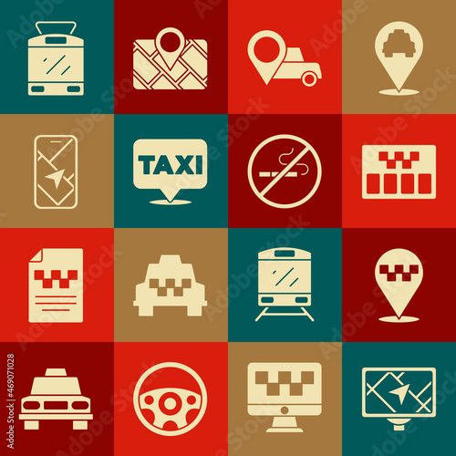 Set Gps device with map, Location taxi, Taximeter, City navigation, Tram and railway and No Smoking icon. Vector