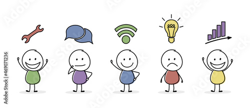 Collection of business icons with funny stickman. Vector