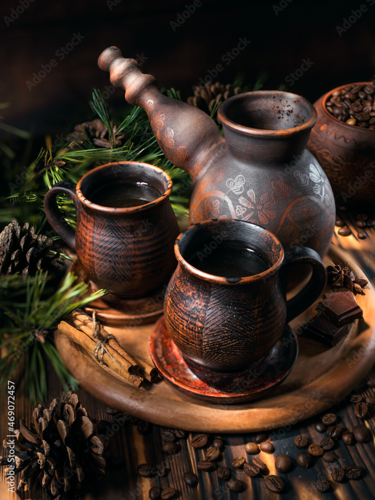 Aromatic coffee with spices for Christmas. Christmas still life. Top view. Aromatic coffee with spices for Christmas. Christmas still life. Top view.
