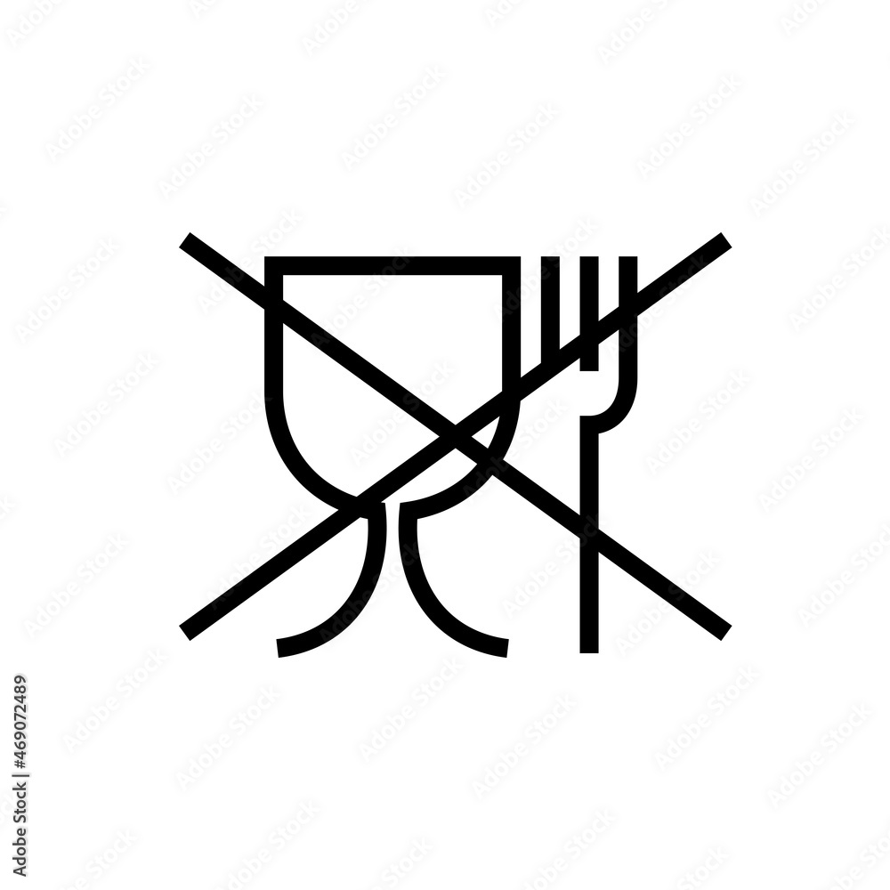 Icon, glass and fork crossed out. Pictogram indicating that packaging is prohibited for food products. International packaging emblem used for labeling materials in the EU. Icon, glass and fork crossed out. Pictogram indicating that packaging is prohibited for food products. International packaging emblem used for labeling materials in the EU.