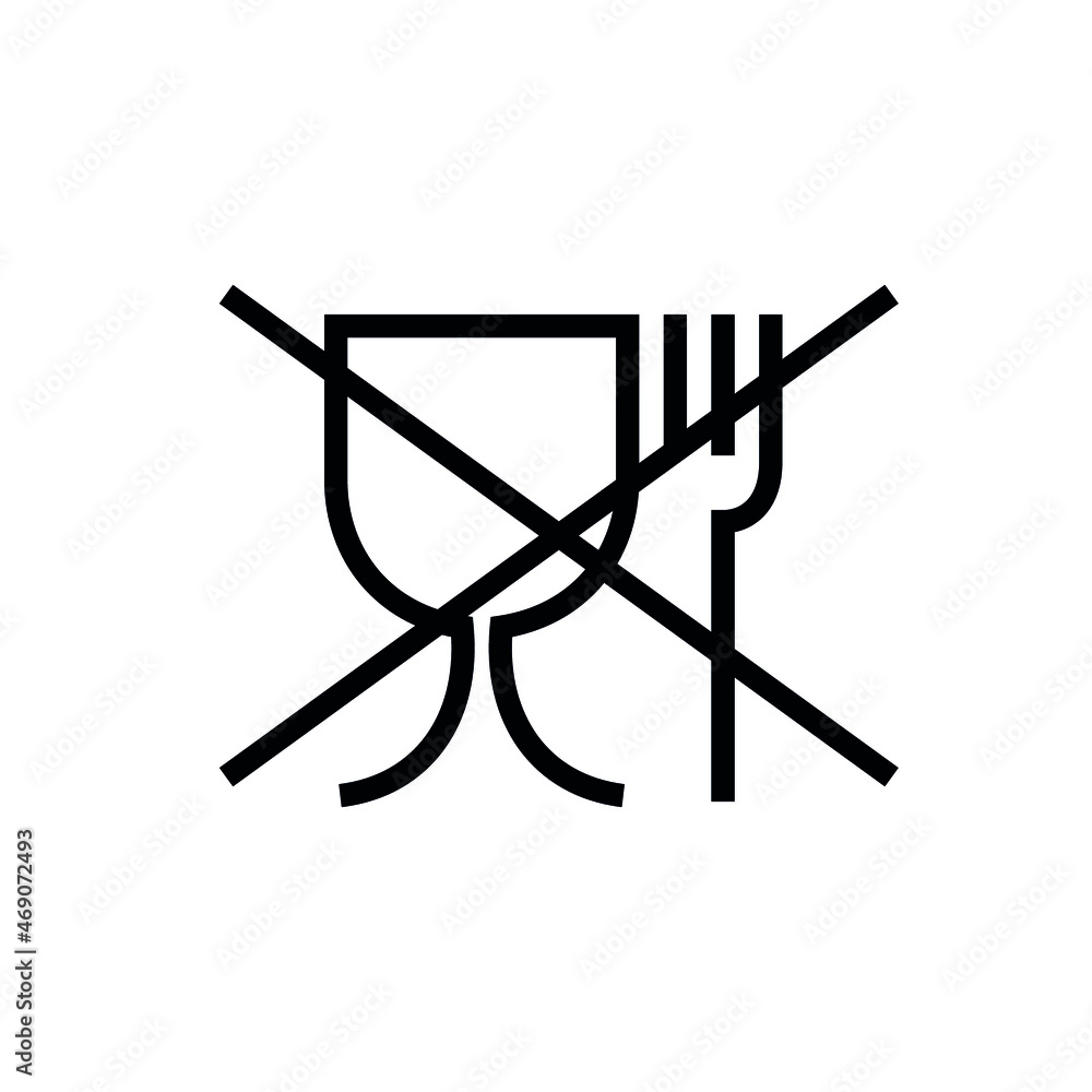 Icon, glass and fork crossed out. Pictogram indicating that packaging is prohibited for food products. International packaging emblem used for labeling materials in the EU. Icon, glass and fork crossed out. Pictogram indicating that packaging is prohibited for food products. International packaging emblem used for labeling materials in the EU.
