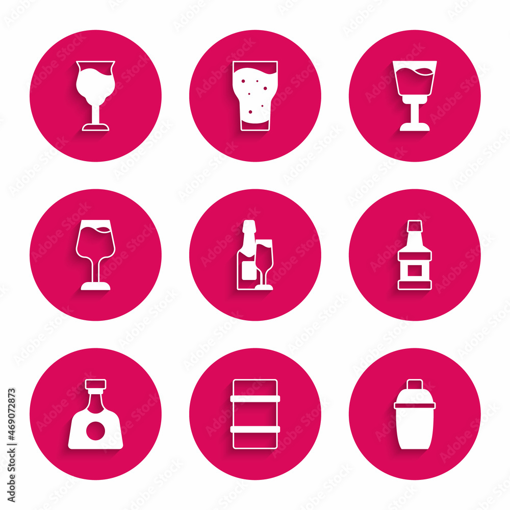 Set Champagne bottle and glass, Metal beer keg, Cocktail shaker, Whiskey, Tequila, Wine, and icon. Vector Set Champagne bottle and glass, Metal beer keg, Cocktail shaker, Whiskey, Tequila, Wine, and icon. Vector