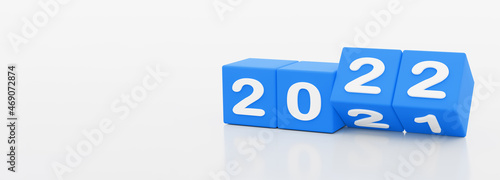 2022 new year, happy new year 2022, 3d illustration of 2022 blue dices turning year from 2021 to 2022.
white background with empty space for text