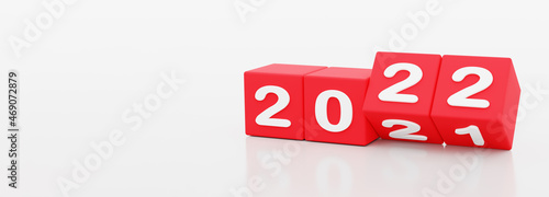 2022 new year, happy new year 2022, 3d illustration of 2022 red dices turning year from 2021 to 2022.
white background with empty space for text photo