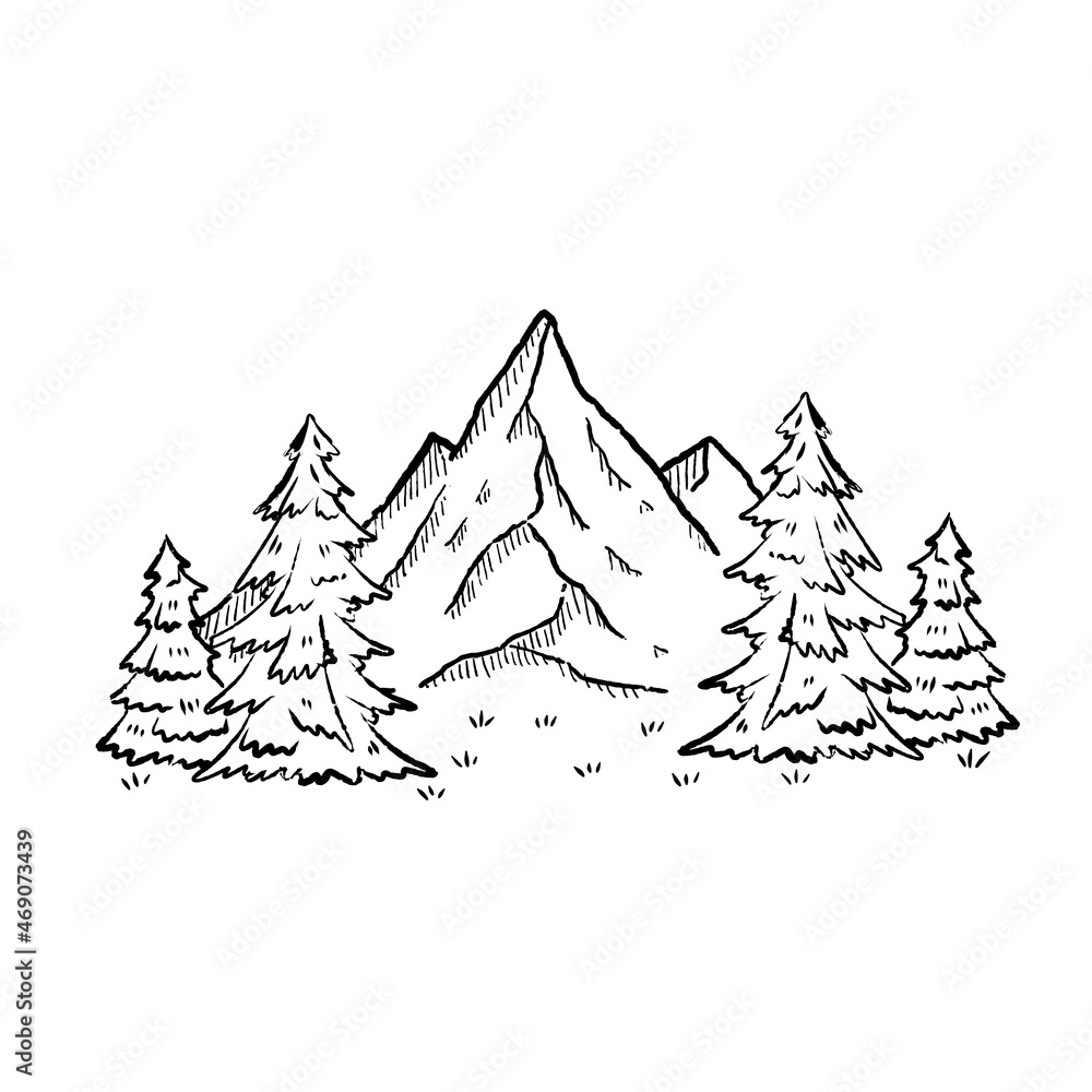 Mountain landscape in engraving style. Trees and forest. Natural scene. Winter season. Outline cartoon