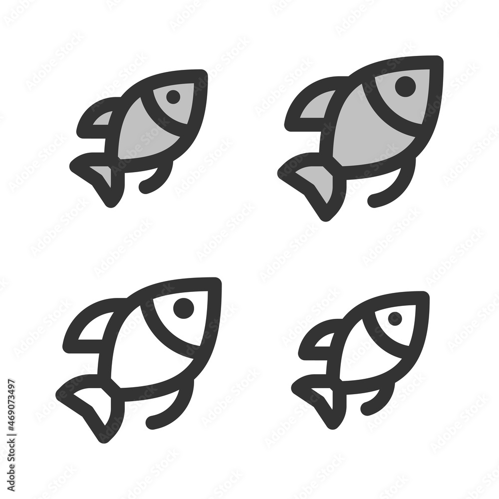 Pixel-perfect linear icon of a fish built on two base grids of 32x32 and 24x24 pixels for easy scaling. The initial base line weight is 2 pixels. In two-color and one-color versions. Editable strokes Pixel-perfect linear icon of a fish built on two base grids of 32x32 and 24x24 pixels for easy scaling. The initial base line weight is 2 pixels. In two-color and one-color versions. Editable strokes