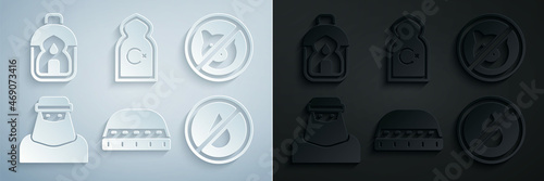 Set Muslim hat for prayer, No pig, woman in niqab, water, Mosque and Ramadan Kareem lantern icon. Vector