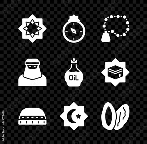 Set Octagonal star, Qibla, Rosary beads religion, Muslim hat for prayer, Date fruit, woman in niqab and Essential oil bottle icon. Vector
