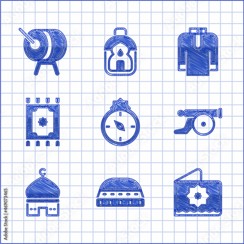 Set Qibla, Muslim hat for prayer, Octagonal star, Ramadan cannon, Mosque, Traditional carpet, Shirt kurta and drum icon. Vector