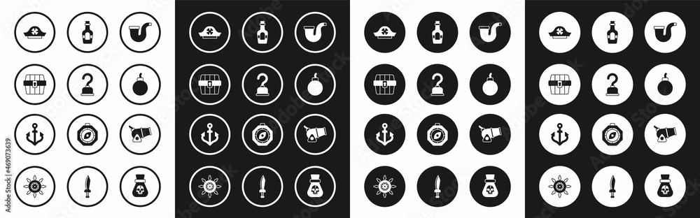 Set Smoking pipe, Pirate hook, Antique treasure chest, hat, Bomb ready to explode, Alcohol drink Rum, Cannon and Anchor icon. Vector Set Smoking pipe, Pirate hook, Antique treasure chest, hat, Bomb ready to explode, Alcohol drink Rum, Cannon and Anchor icon. Vector