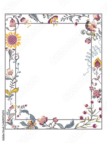 Vector floral ornament square frame with flowers and bird in russian folk art painting style