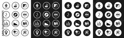 Set Pie chart infographic, Old hourglass with sand, Arrow, Percent up arrow, Layers, Flag, Factory and icon. Vector
