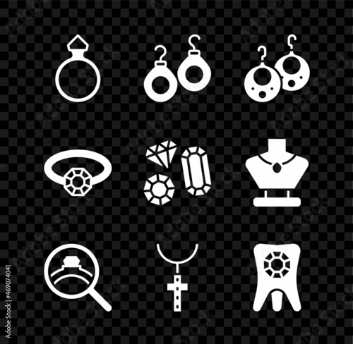 Set Diamond engagement ring, Earrings, Christian cross chain, Tooth with diamond, and Gem stone icon. Vector