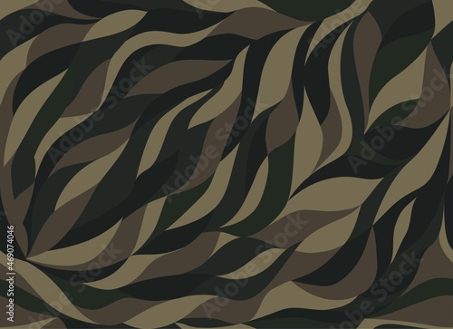 Camo curly waves abstract leaf background. Fashionable camouflage seamless vector. Stylized abstract petals pattern in khaki colors can be used for web page backgrounds, wallpapers, printing on fabric