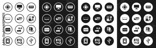 Set RAM, random access memory, Video graphic card, Laptop, Processor with CPU, Motherboard digital chip, Computer monitor screen, Case of computer and Hard disk drive HDD icon. Vector