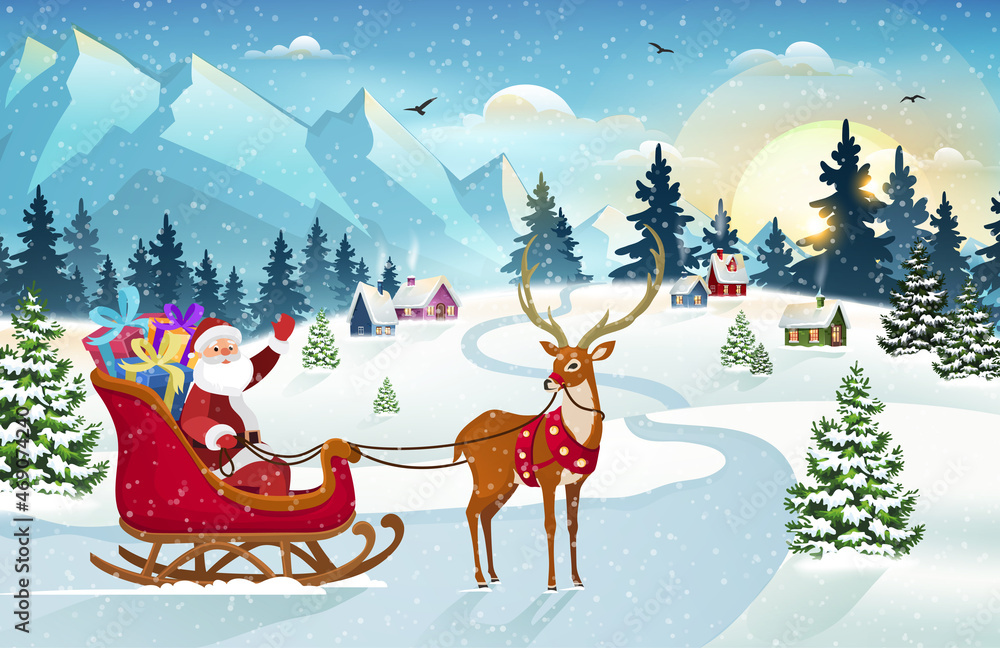Naklejka premium Santa and Reindeer on Christmas Background. Winter Christmas scene with snow covered houses, mountain and pine forest. Holiday Vector Background