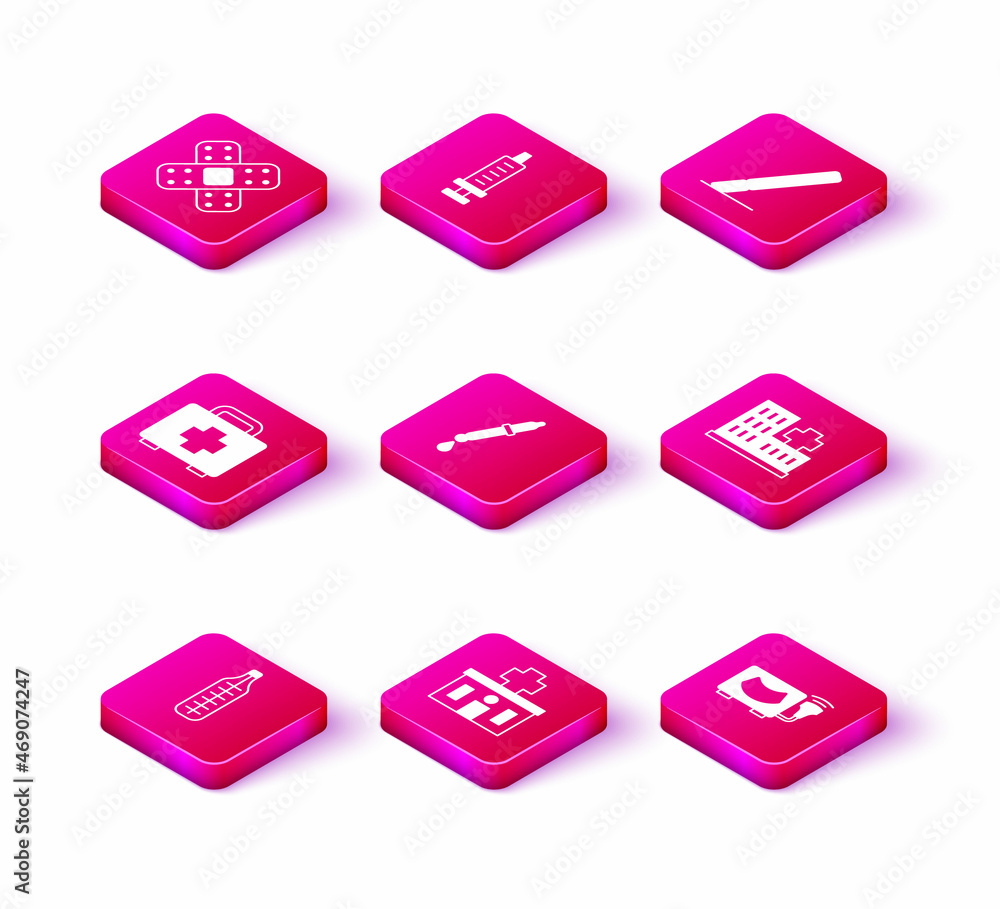 Set Medical thermometer, Hospital building, First aid kit, Pipette, Ultrasound, Surgery scalpel and Syringe icon. Vector Set Medical thermometer, Hospital building, First aid kit, Pipette, Ultrasound, Surgery scalpel and Syringe icon. Vector