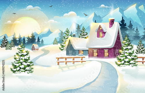 Morning village winter landscape with snow covered houses and mountains. Christmas holidays vector illustration