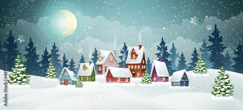 Winter village landscape with snow covered houses in pine forest. Christmas holidays vector illustration