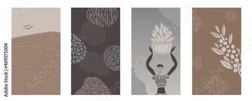 african background.Vector Set of abstract posters with afro woman in minimalistic style. Potter school and jugs, plants, abstract shapes coffee and landscape.Collection of contemporary art.tribal boho