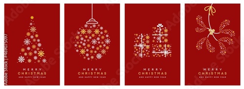 モダンでシンプルなクリスマスカードセット4種（赤）　Merry Christmas modern card set elements greeting text lettering red background
