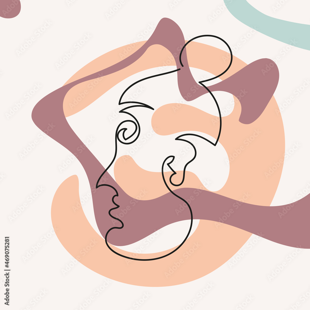 Human head with abstract shapes in line art style. Contemporary hand drawn vector illustrations with continuous line face in minimalistic elegant concept. Design for postcard, poster, textile