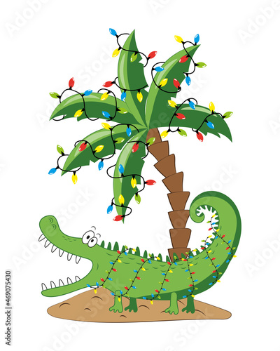 Funny cartoon alligator in island with chrsitmas palm tree and garlands. 