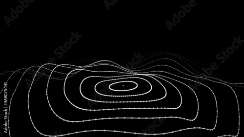 Abstract circle wave with moving dots. Flow of particles. Dark cyber technology illustration. Vector illustration.
