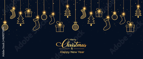 Christmas banner design with elegant background and Christmas ornaments. Christmas dark background. Xmas Glossy socks and ball icon with golden calligraphy. Golden confetti background element.
