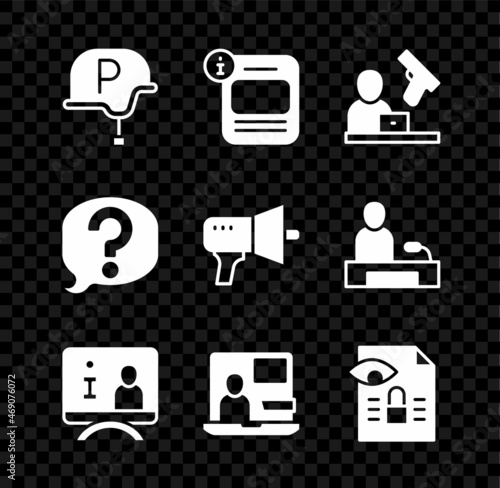 Set War journalist, Information, Crime news, Television report, World, Journalistic investigation, Speech bubble chat and Megaphone icon. Vector