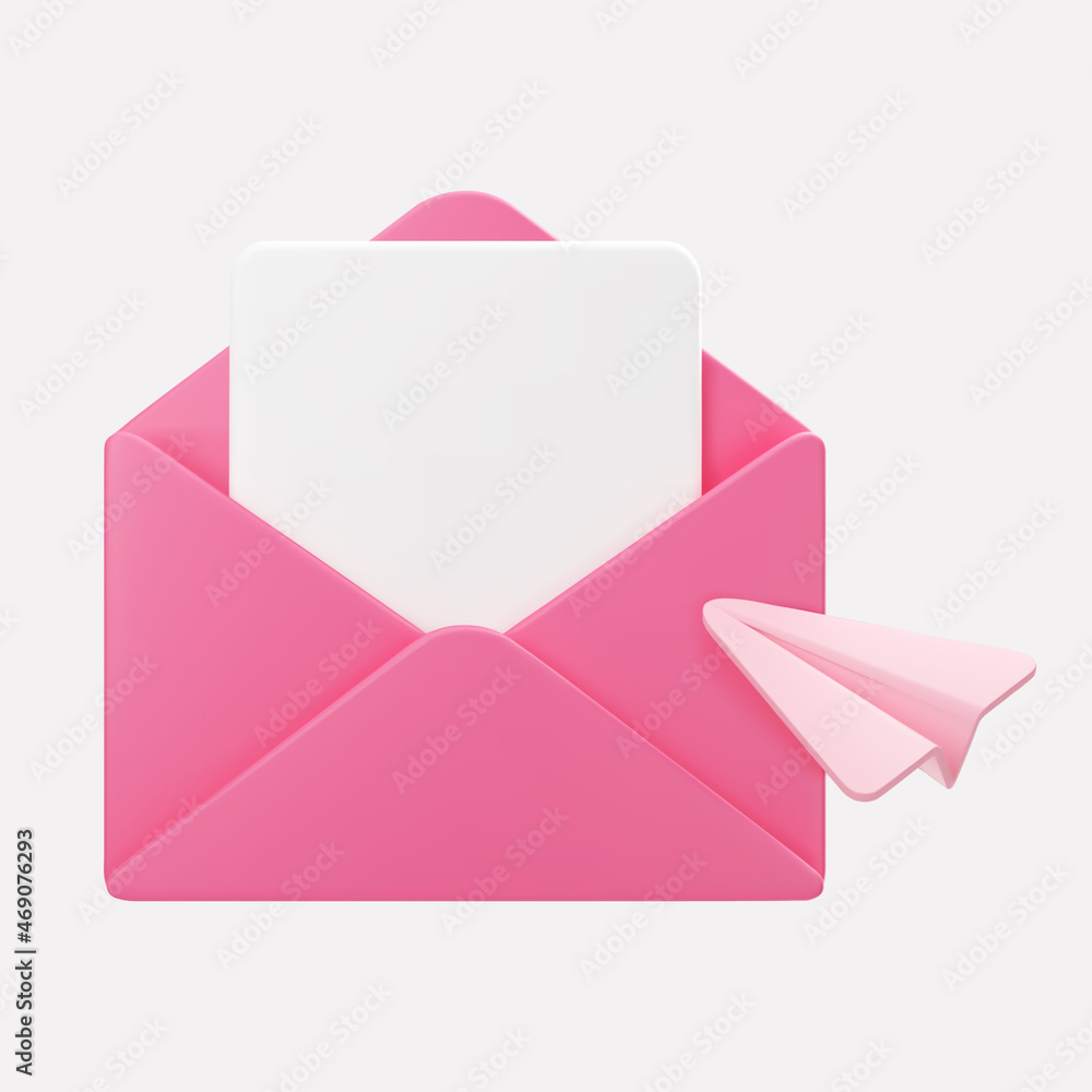 3d open pink mail envelope icon with paper plane isolated on grey ...
