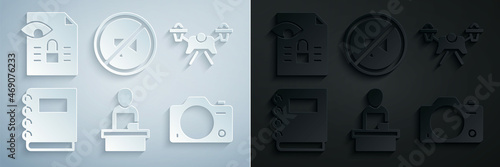 Set Breaking news, Drone, Notebook, Photo camera, Censored stamp and Journalistic investigation icon. Vector