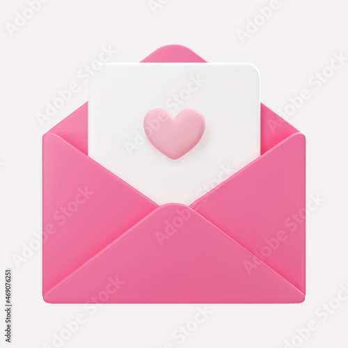 3d open pink mail envelope icon with flying hearts isolated on grey background. Render giving love email for Mother and Valentines Day greetings. 3d realistic vector