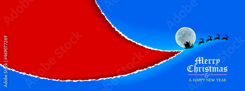 A Silhouette of Santa Claus riding a herd of deer in the night sky with a beautiful moon in the background.